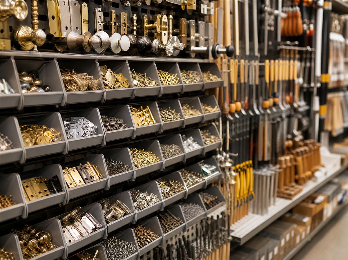 Aisle of hardware bins and hand tools