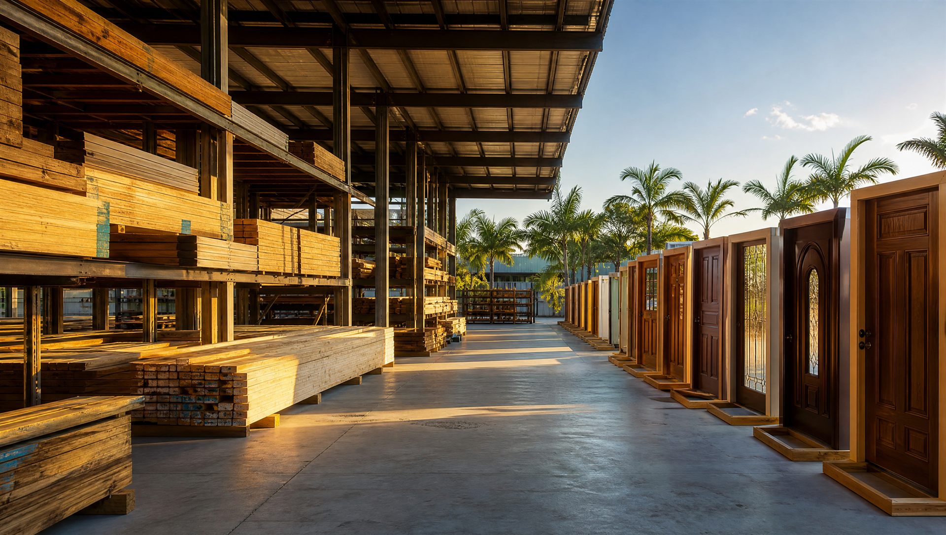 Patio de maderera con racks de madera y puertas de entrada en exhibición