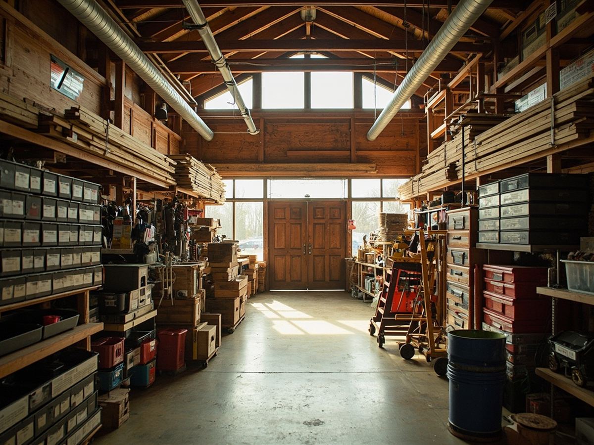 Interior de una tienda de maderas y ferretería con puertas en exhibición (imagen ilustrativa)